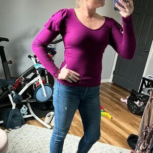Free People Dark Purple Ruffle‎ Shoulder Ribbed Long Sleeve
